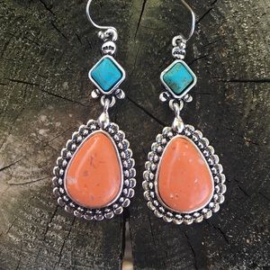 Orange stone & turquoise dangle earrings